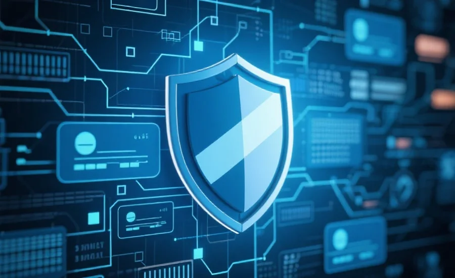 抽象风格的安全盾牌符号与数字化账户信息背景,突出网络安全和隐私保护主题