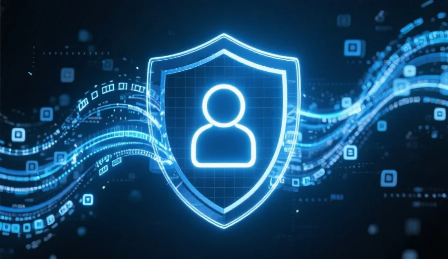 抽象的网络安全防护盾,环绕着象征用户数据的数字流线,科技感强烈
